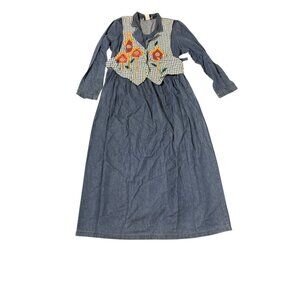 Vintage Donna Small Chambray Denim Dress With Vest Front and Tie Backs Long Slee